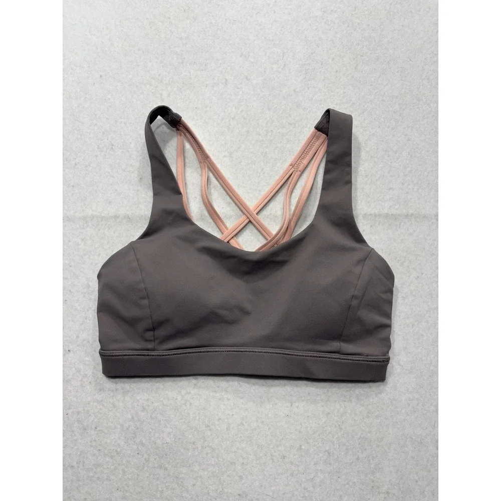 Lululemon Sports Bra Womens 4 Gray Pink Strappy Crossback Medium Support Yoga